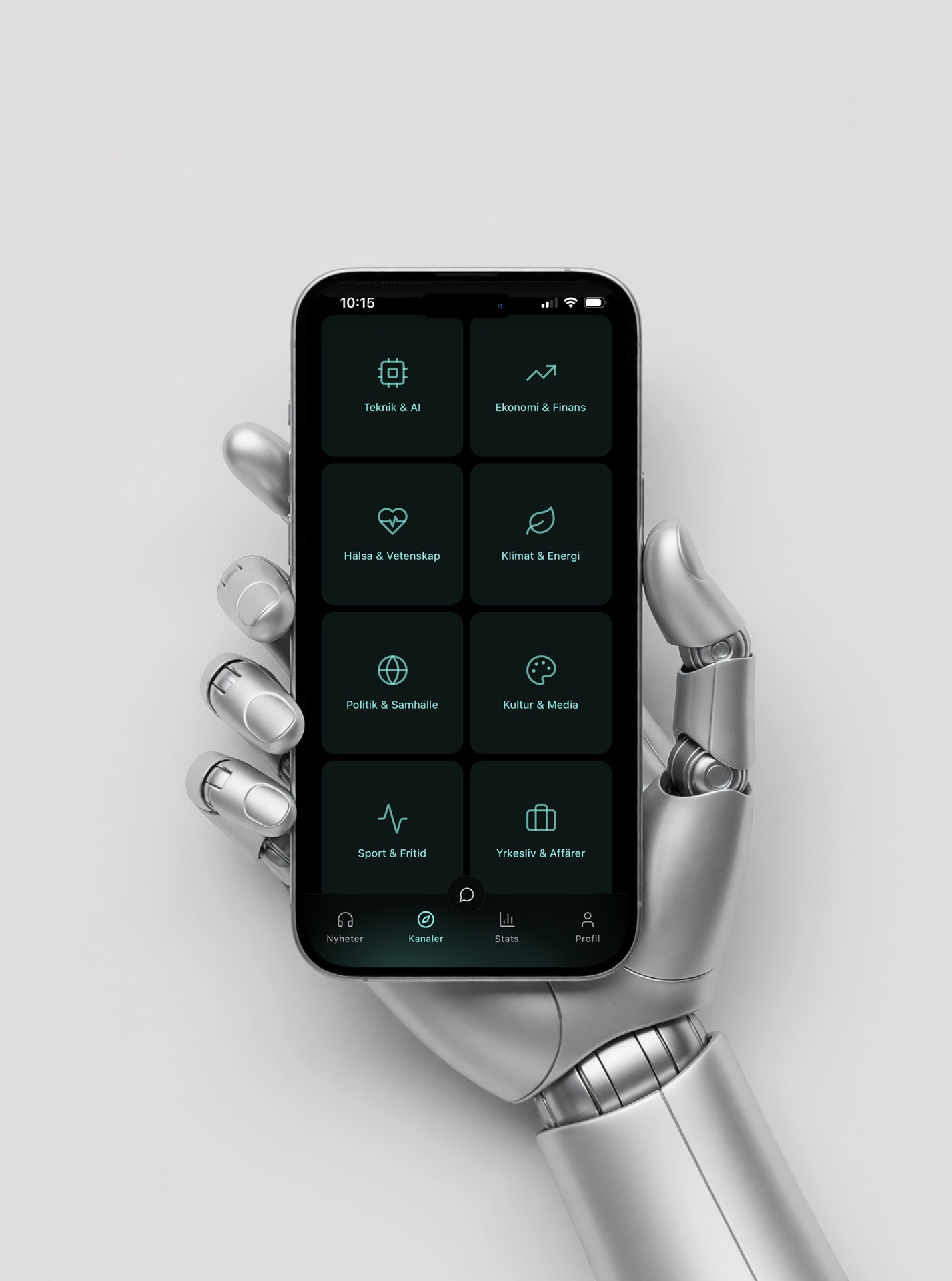 Robothand som håller en iPhone