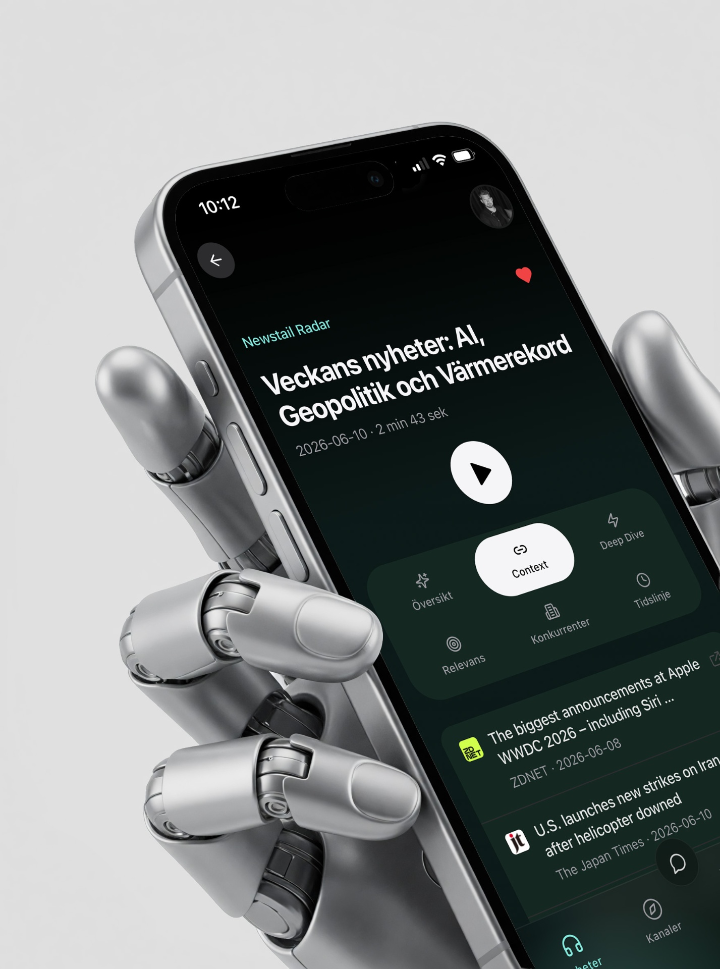 iPhone som spelar upp en Newstail-ljudbrief